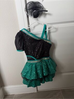 Weissman IC Girls Teal and Black Sequin Dance Costume with Matching Bow